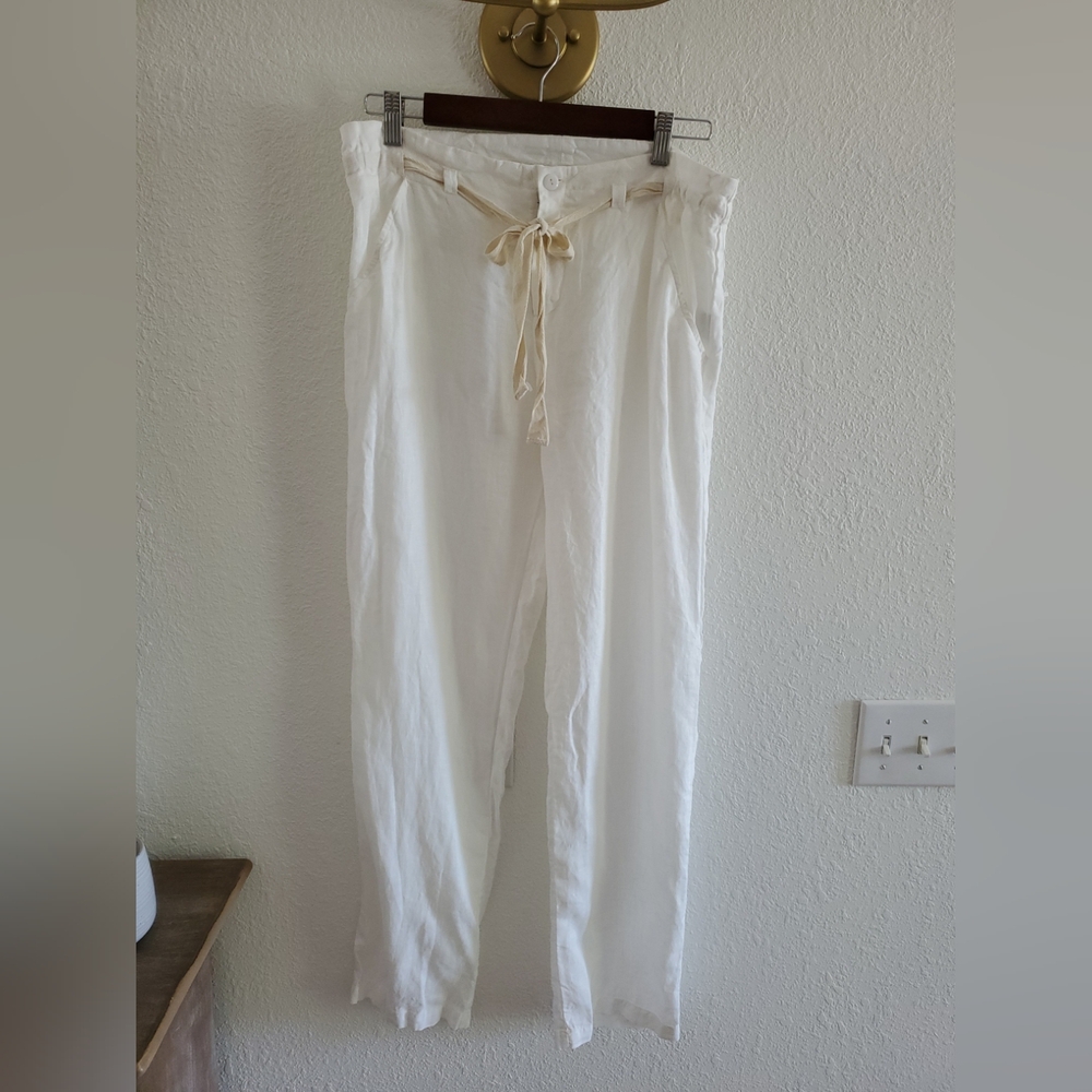 JOHNNY WAS CALME WHITE DRAWSTRING Straight Leg LINEN PANTS Medium, large